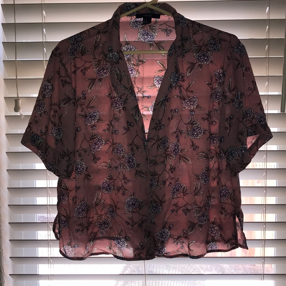 Blush colored button up with purple flowers